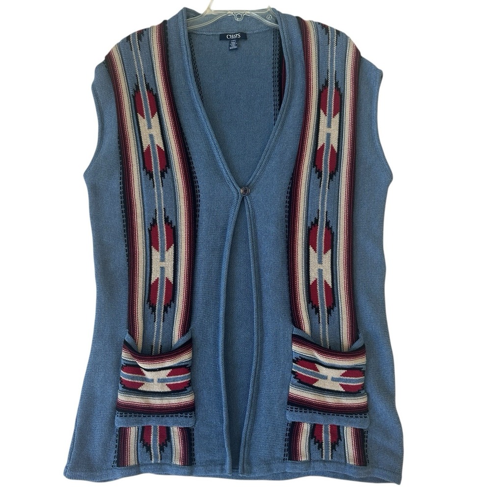 Ralph Lauren Chaps Cardigan Sweater‎ Vest Large Denim Aztec Southwestern Tribal